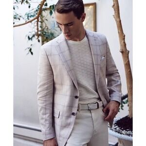 Tallia Men's Slim-Fit Printed Notch-Lapel Sport Coat 42L Natural Plaid‎ E07956